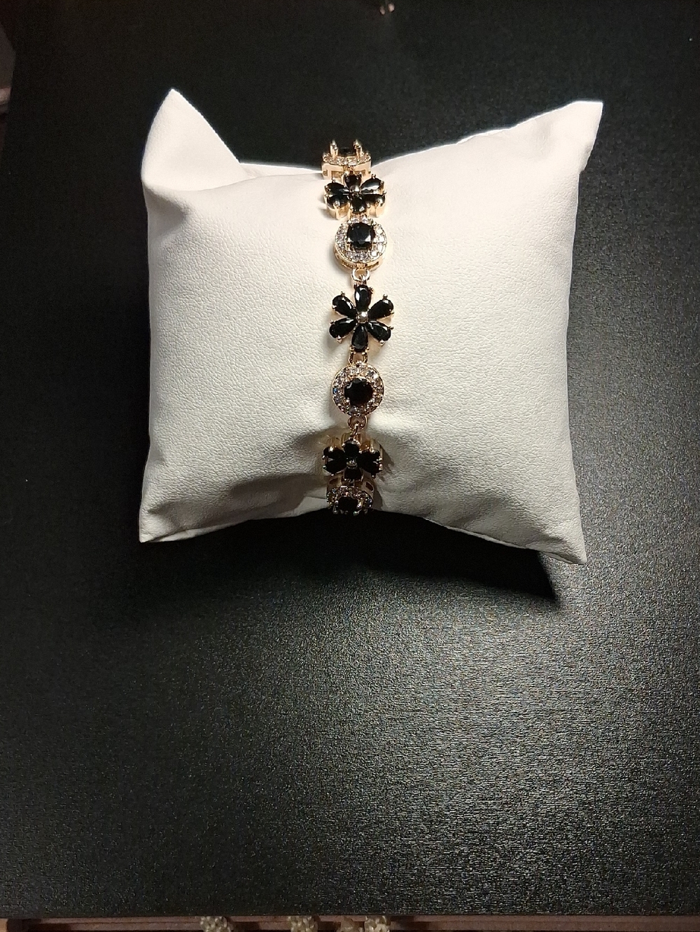 18k GF Elegant Black Stone Floral Bracelet With CZ